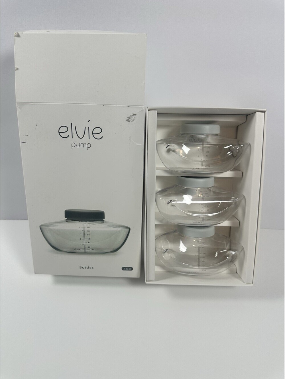 Elvie Pump Breastmilk Storage Bottles Pack of 3 5 oz. With Storage Lids Open Box